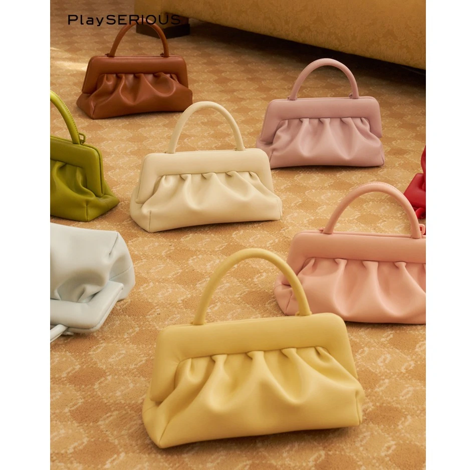 THE YELLOW SHOP2024新款小众设计师款包包女复古牛皮褶皱云朵包