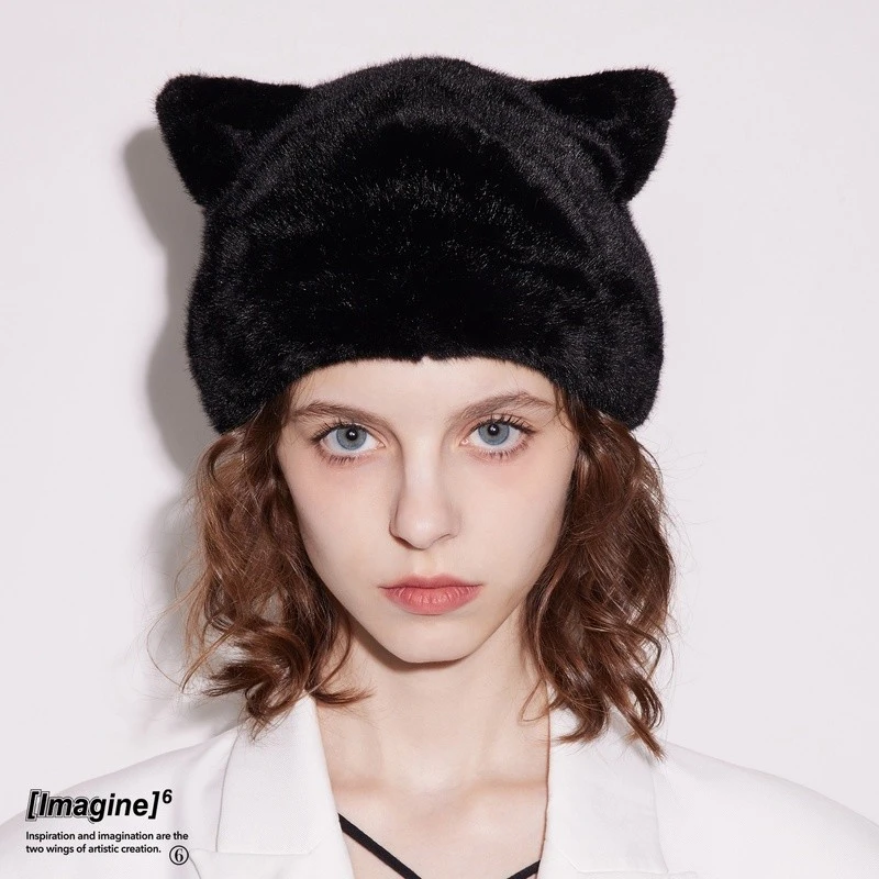 black imagine6 仿貂毛猫耳朵黑色毛绒盆帽冷帽秋冬男女