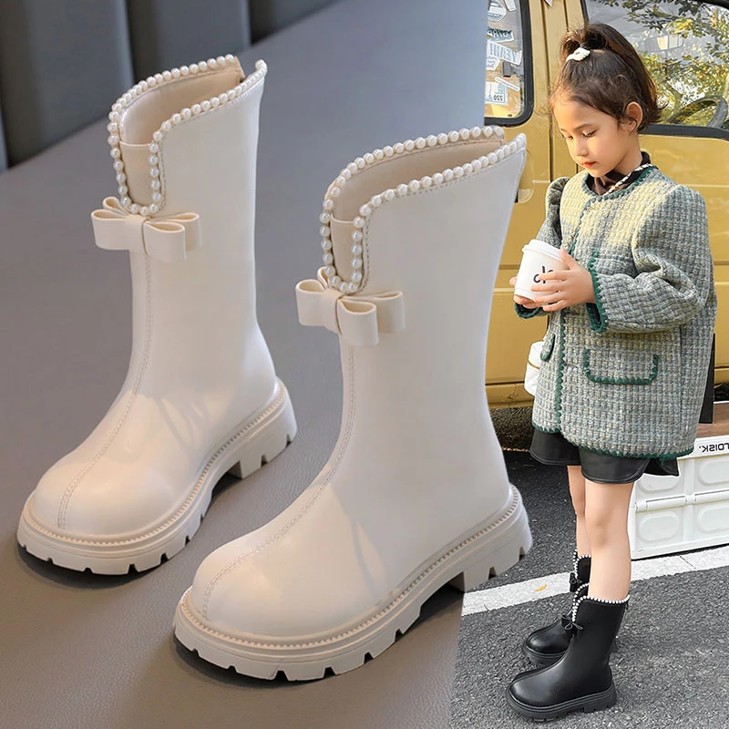 秋冬加绒长靴公主女大童靴子中长款网红高筒靴保暖软底鞋儿童皮靴
