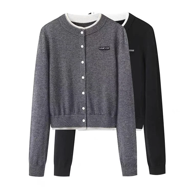 5974显瘦假两件气质针织开衫女2025新款针织上衣服