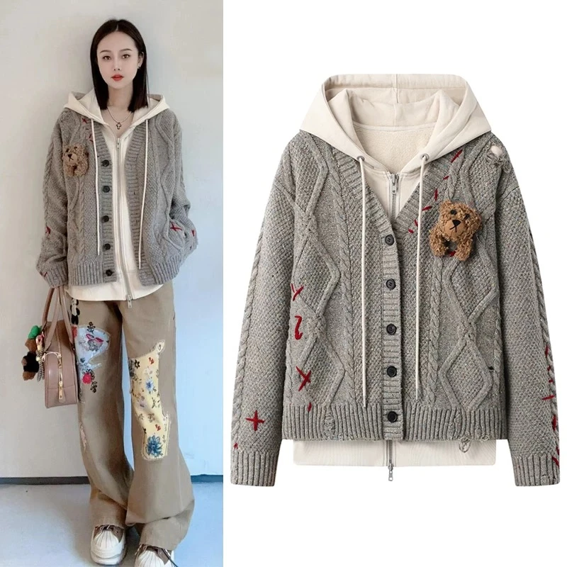 1048玩偶编织卫衣式连帽假两件针织开衫女2024冬季厚实针织上衣服