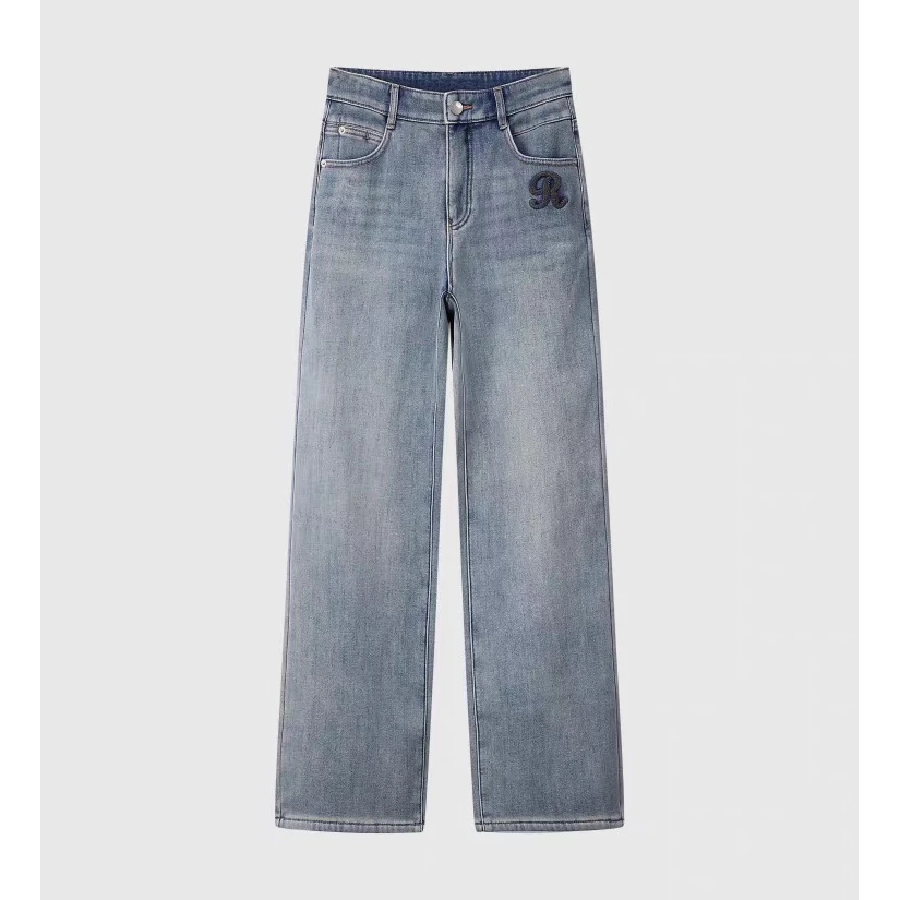 5973牛仔加绒阔腿裤女2024冬季厚实保暖刺绣阔腿牛仔直筒长裤子女