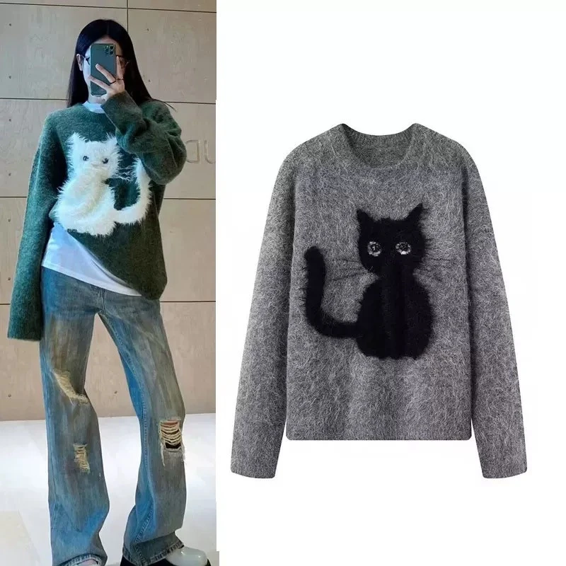 5988萌宠猫咪提花马海毛慵懒风长袖针织衫女2024冬季针织上衣服