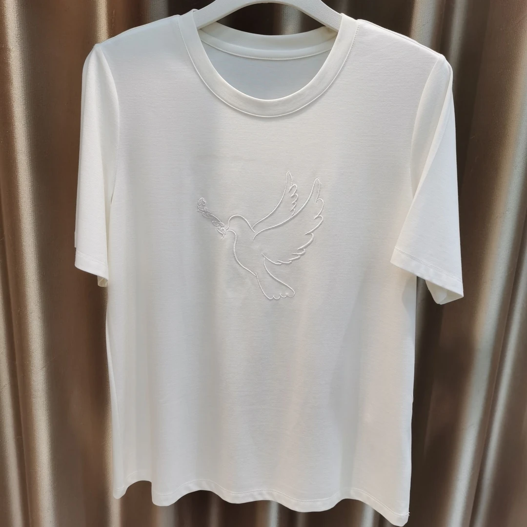 8901纯色短袖T恤女2025夏季刺绣鸽子时尚百搭圆领简约上衣服
