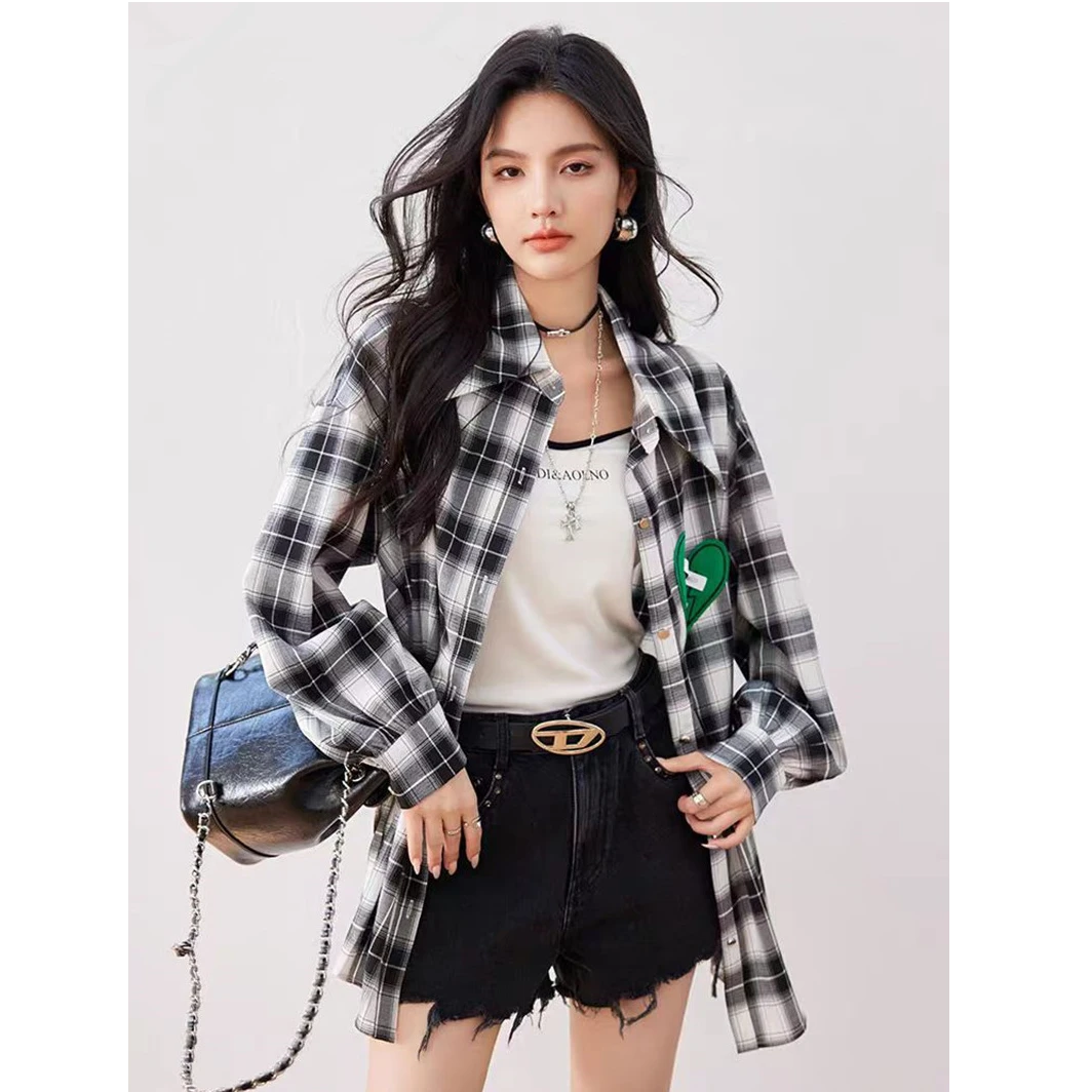 5281白鹿同款撞色格子长袖衬衫女2024秋季时尚宽松外穿衬衣上衣