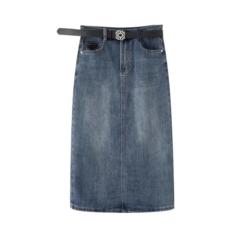 7024后开叉设计直筒牛仔半身裙女2024秋季新品时尚百搭配腰带裙子