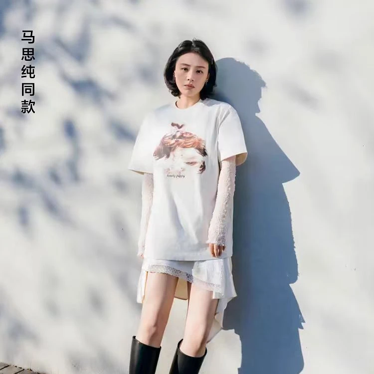 8857马思纯同款美式小狗印花宽松短袖T恤女2025新款圆领上衣服
