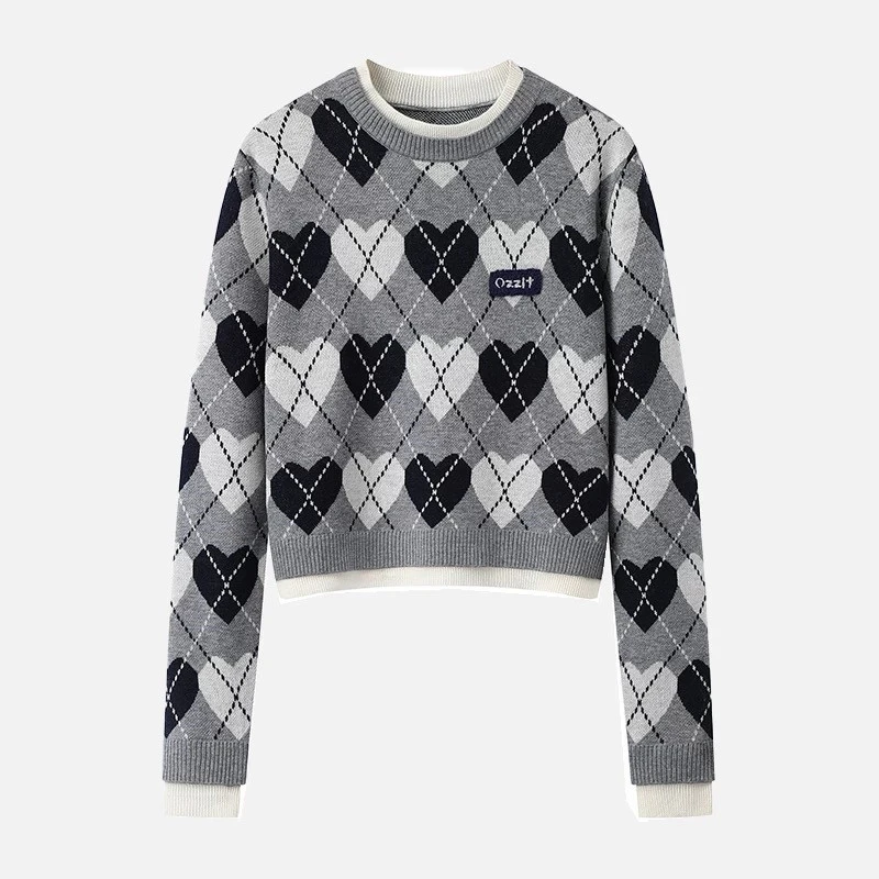 8064撞色复古爱心提花老号针织衫女2024冬季新款圆领针织上衣服