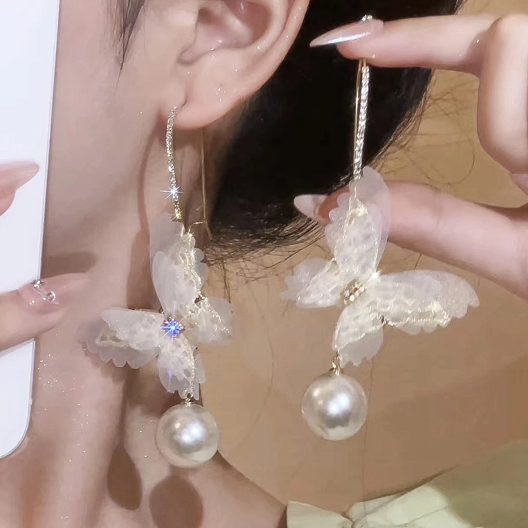 合金布艺耳饰 超仙网纱水钻蝴蝶耳环百搭仙女甜美气质小众耳钉女