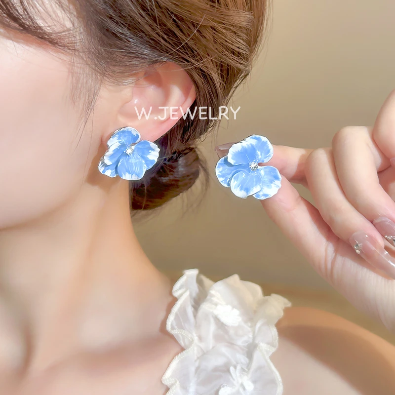 合金耳饰 超仙蓝色花朵耳环优雅法式百搭小众精致甜美温柔耳钉女