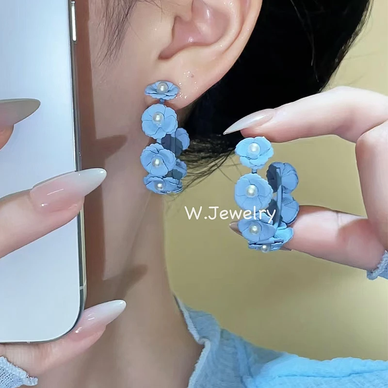 合金耳饰 甜美蓝色花朵耳环百搭少女小众简约设计感温柔气质耳饰
