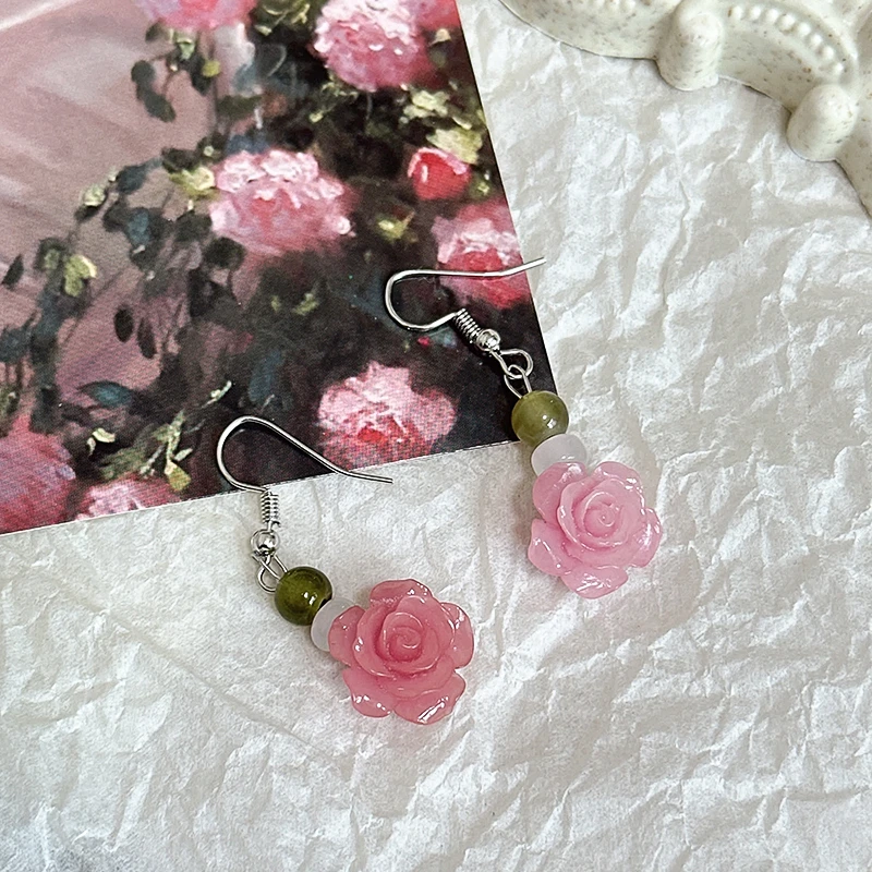 合金耳饰 赴约春日～甜美温柔超仙玫瑰花朵耳环古风少女小众耳环