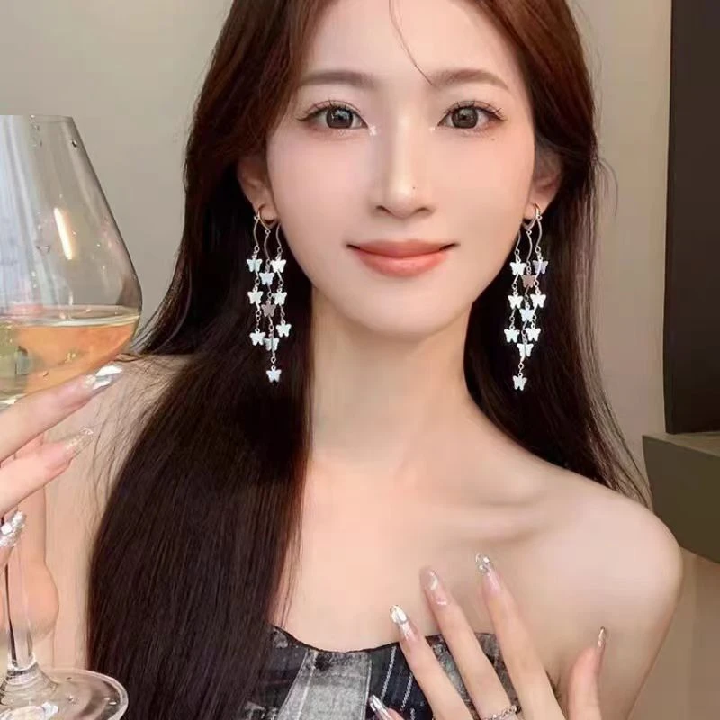合金耳饰 超仙银色蝴蝶流苏耳环个性长款仙气百搭小众设计感耳环