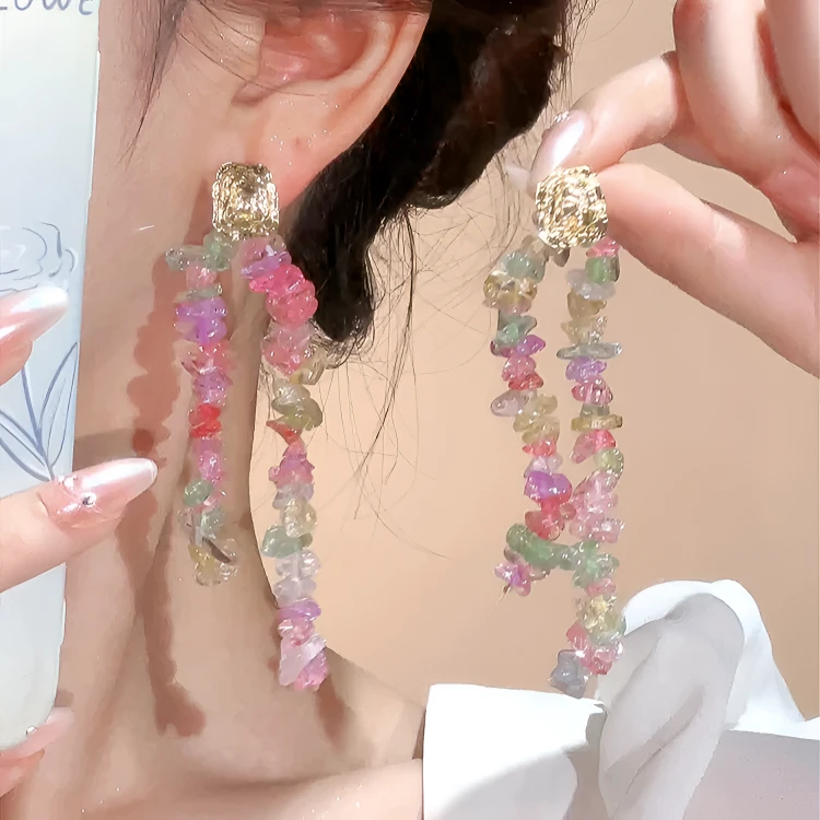 合金耳饰 少女彩色石头流苏耳环气质甜美长款百搭超仙清新耳钉女