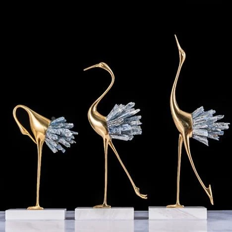 新中式轻奢现代纯铜仙鹤摆件金属水晶客厅电视柜玄关家居软