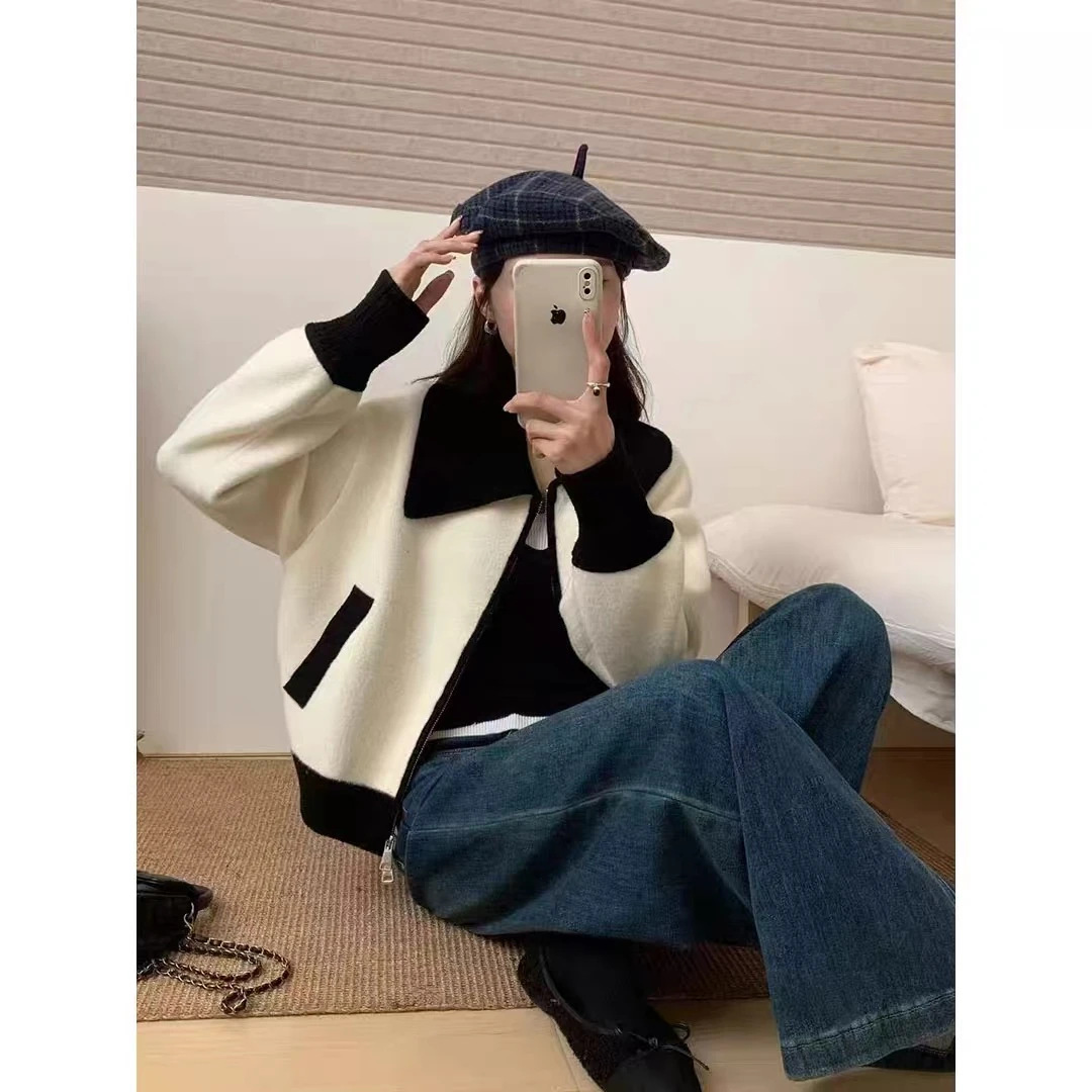 小香风高级感翻领针织双面毛呢拉链外套女秋冬新款百搭韩国绒上衣