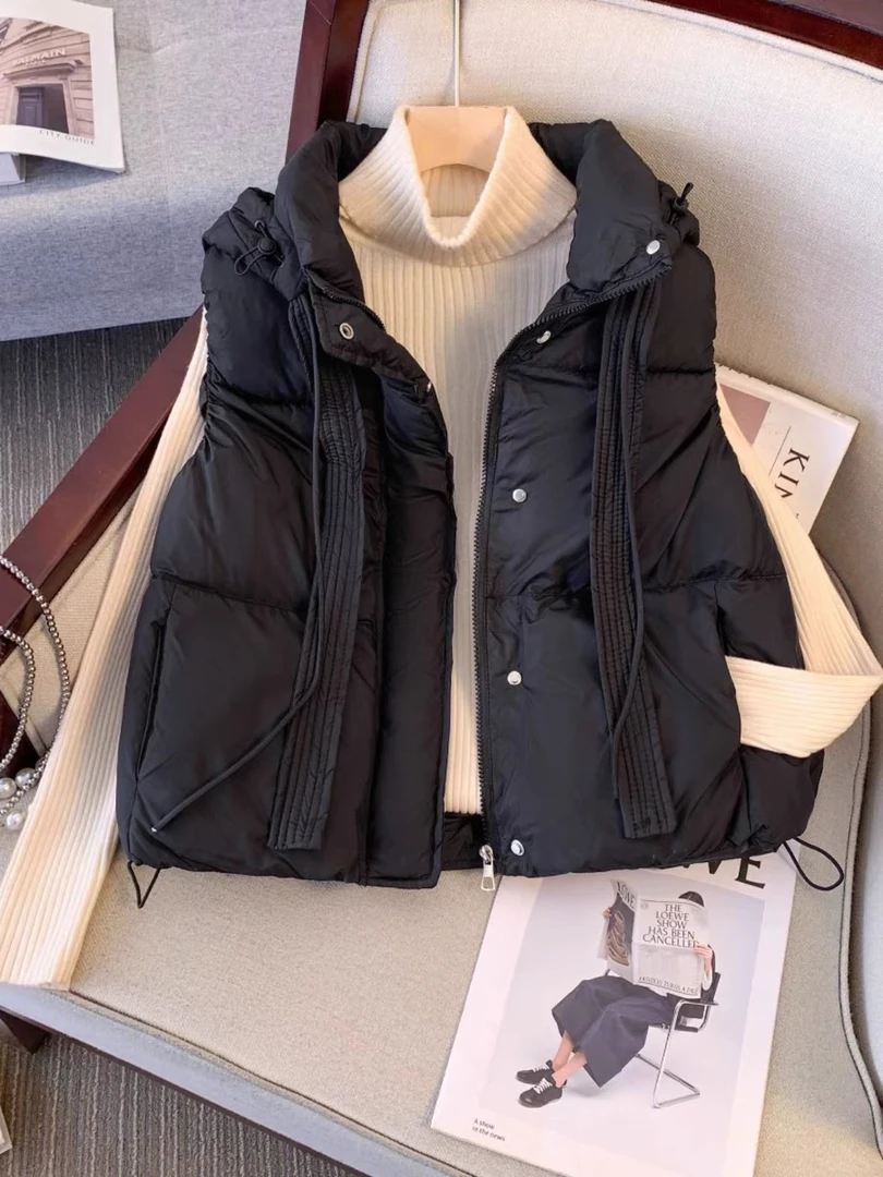 棉服马甲背心女百搭秋冬2024新款韩系叠穿短款飘带连帽马夹外套
