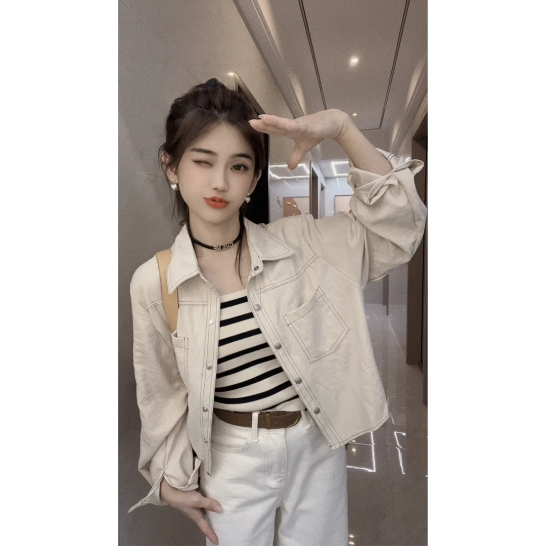 2024年秋季新款明线设计感长袖衬衫宽松外套女短款韩系衬衣上衣