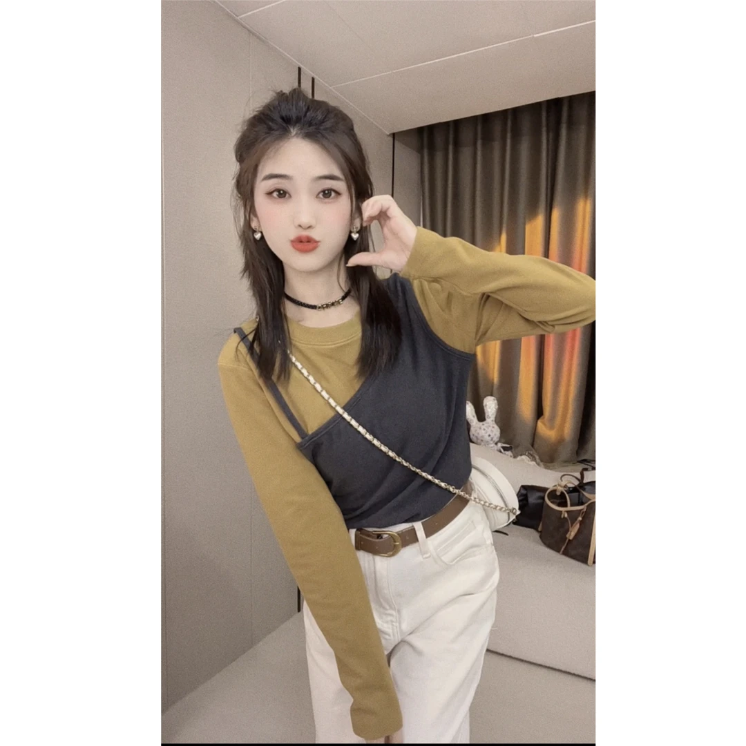 韩系撞色不规则打底衫假两件上衣女2024冬季新款设计感小众上衣