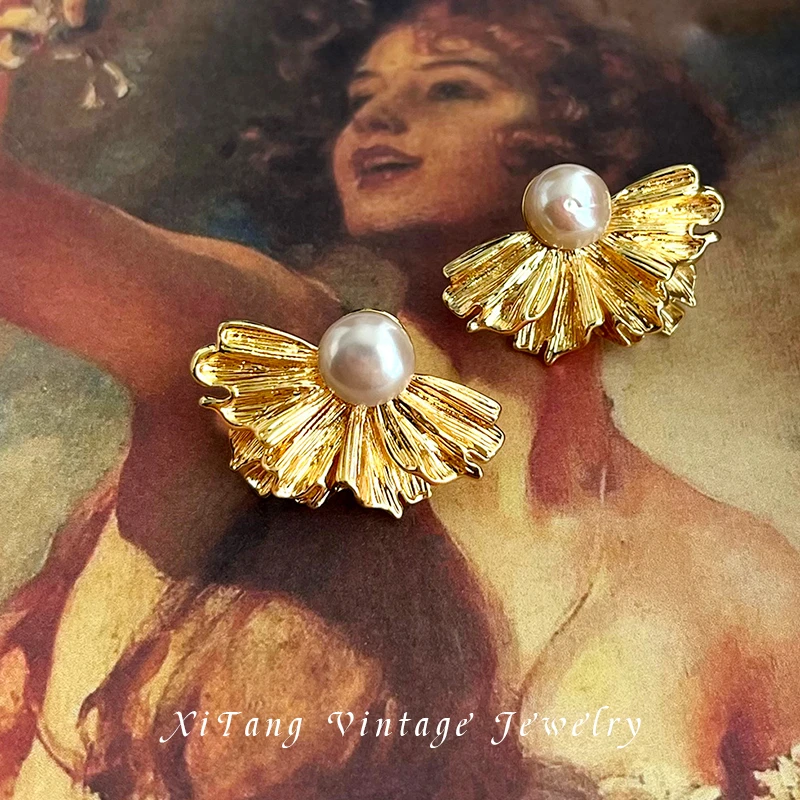 法式淡水珍珠花朵耳环【花田半亩】古金不规则立体花耳钉耳饰品