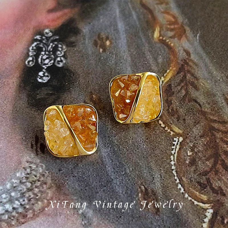 铜合金耳饰 vintage轻中古风【橘子海】玻璃水晶耳钉几何方形耳环