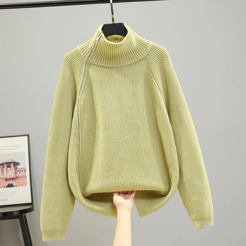 22128-白柠【晶姐优选】纯色拉链翻领套头打底衫长袖宽松针织衫秋冬