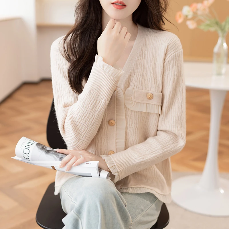 23072-米白【晶姐优选】V领针织长袖纯色拼接雪纺毛衣时尚外套开衫