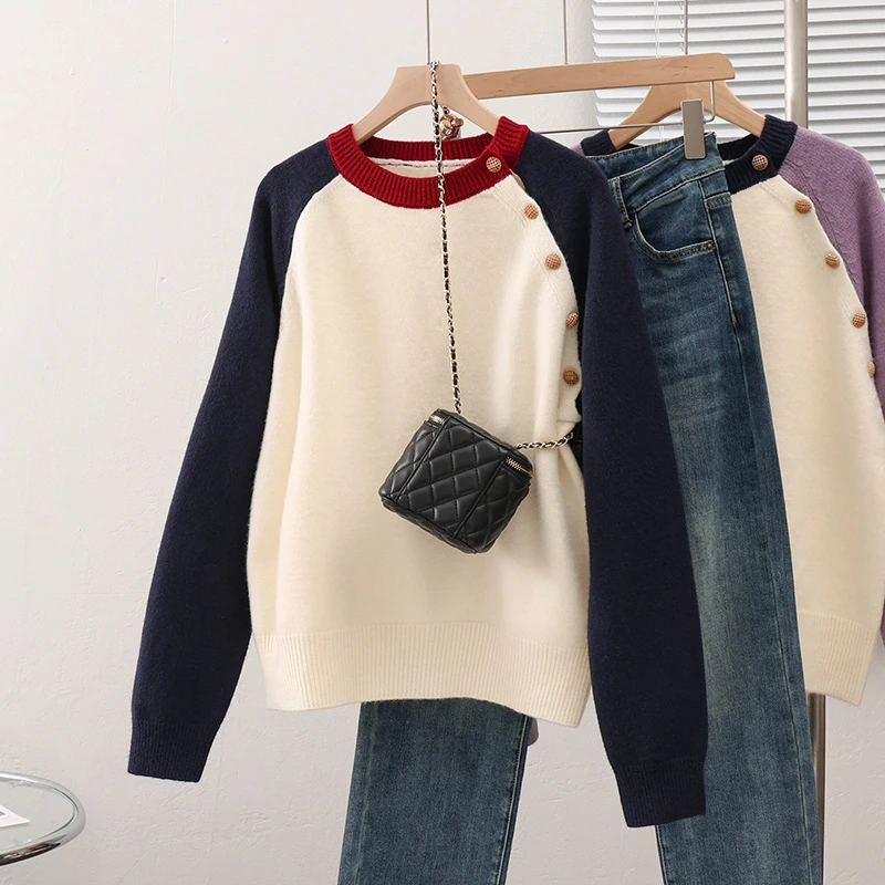 23077-藏青【晶姐优选】圆领针织女拼色套头毛衫纽扣宽松时尚毛衣