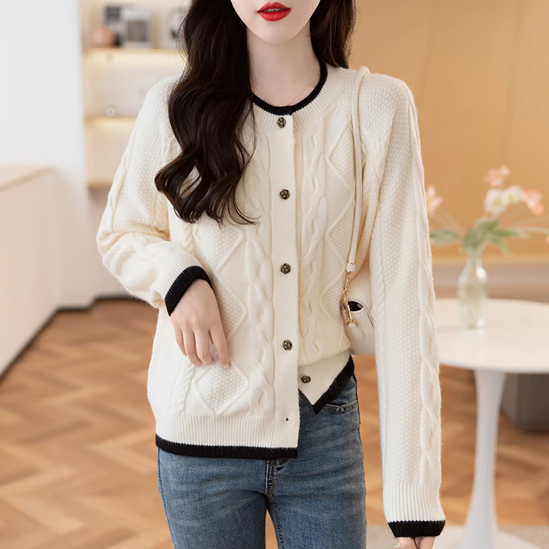 23088-米色【晶姐优选】圆领针织女纽扣宽松秋季毛衣开衫时尚外套