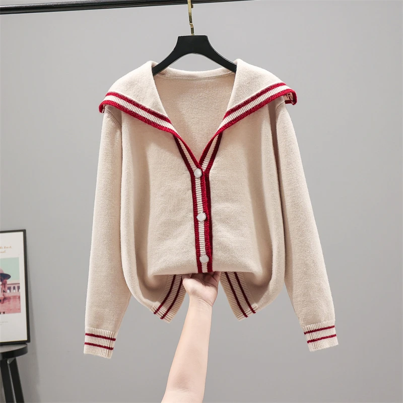 22082-米白色 【晶姐优选】 海军领针织毛衣女开衫外套宽松女装上衣