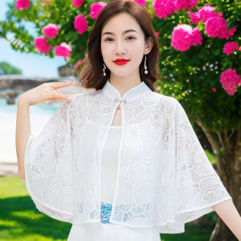网红旗袍外搭开衫女士外套蕾丝防晒小披肩夏季配裙子妈妈斗篷披风
