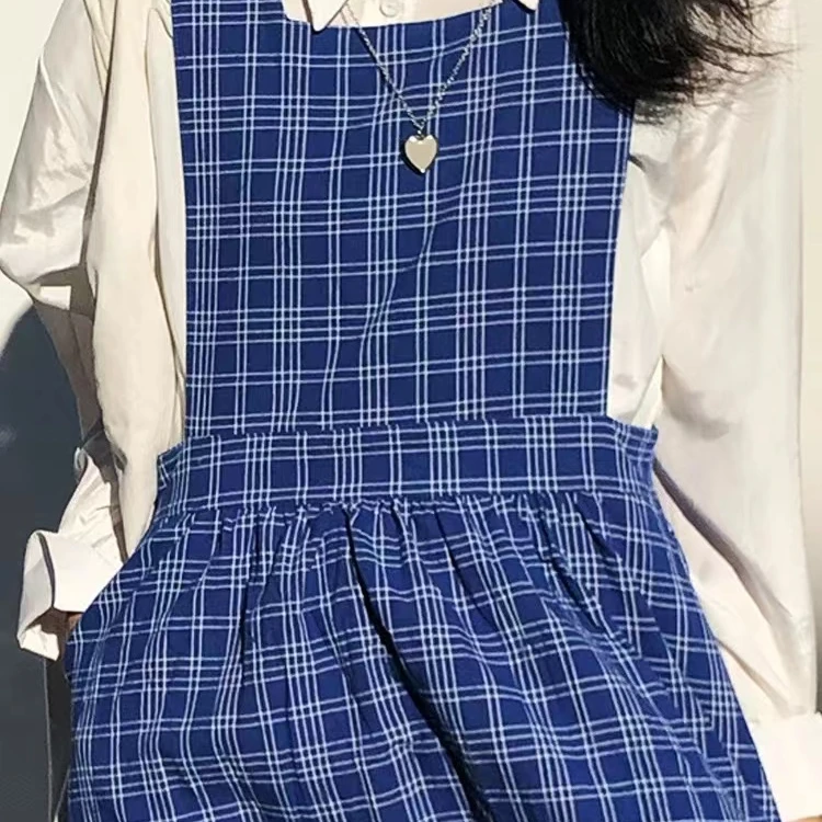 tuddy宝蓝色ins休闲无袖格子秋装女中长款复古长裙连衣裙