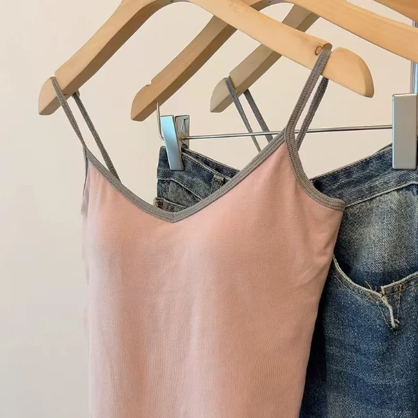 tuddy纯欲v领吊带背心女内搭夏季带胸垫撞色短款