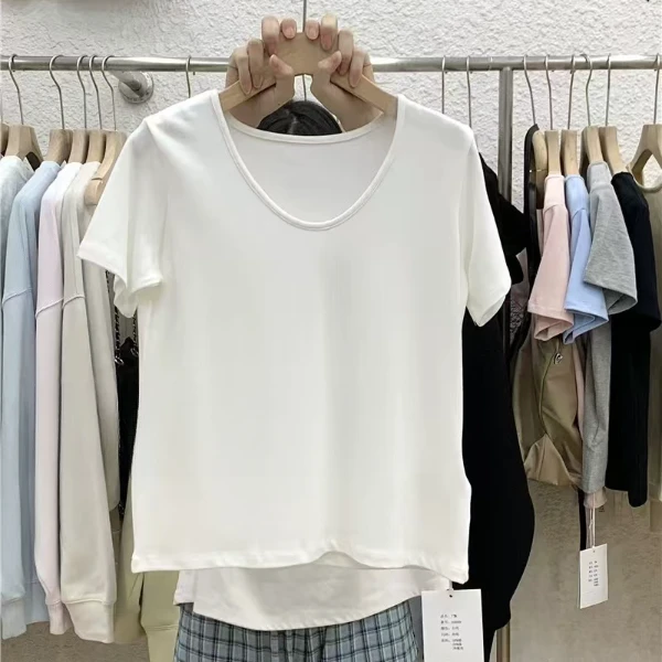 tuddy夏季短袖宽松百搭显瘦设计感大领口上衣