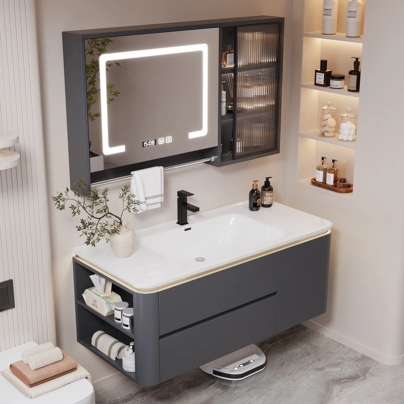 新款马桶侧边柜浴室柜陶瓷一体盆面升级毛巾杆镜柜悬挂洗脸盆款式