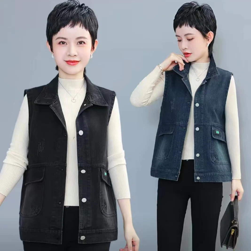 2023春秋季妈妈装休闲牛仔马甲外套女士宽松洋气牛仔马甲百搭款