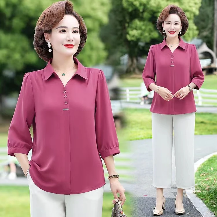 中老年女装夏季新款纯色百搭七分袖衬衫女妈妈装时尚洋气显瘦小衫