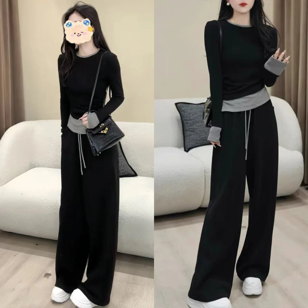 2024新款拼接长袖恤女时尚设计感百搭显瘦上衣+高腰垂感阔腿裤