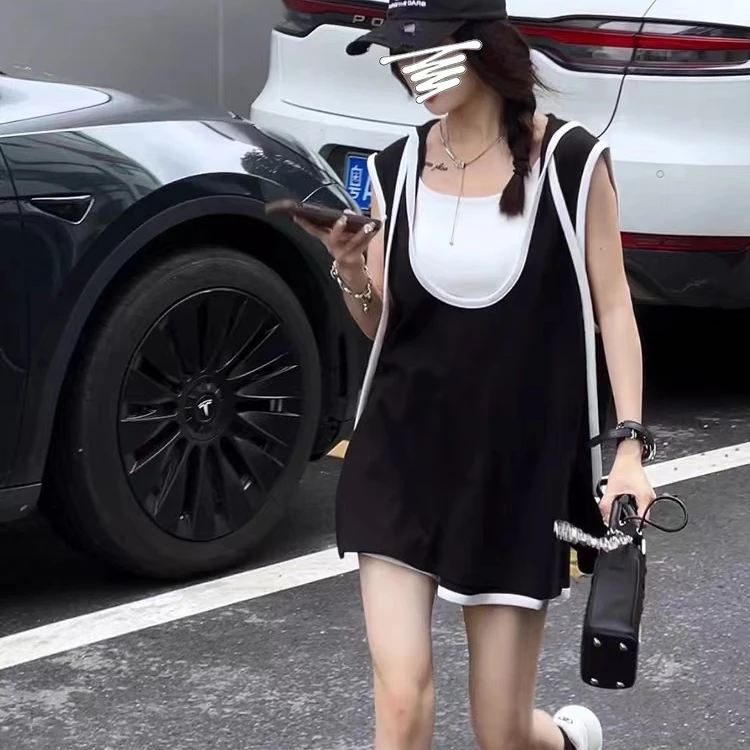 又a又飒时尚休闲套装女夏季小众撞色连帽无袖背心阔腿短裤两件套