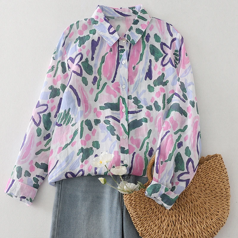 复古文艺彩色水墨色抽象印花衬衫秋季新款轻薄透气长袖衬衣女上衣