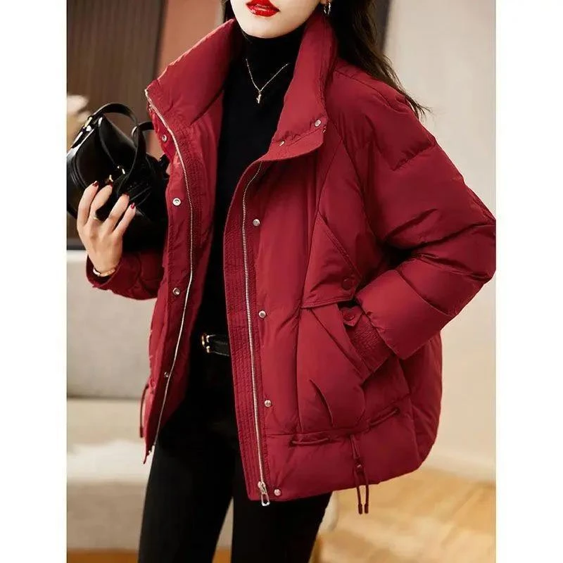 红色羽绒羽绒服女短款2023新款时尚宽松显瘦加厚保暖设计感羽绒棉