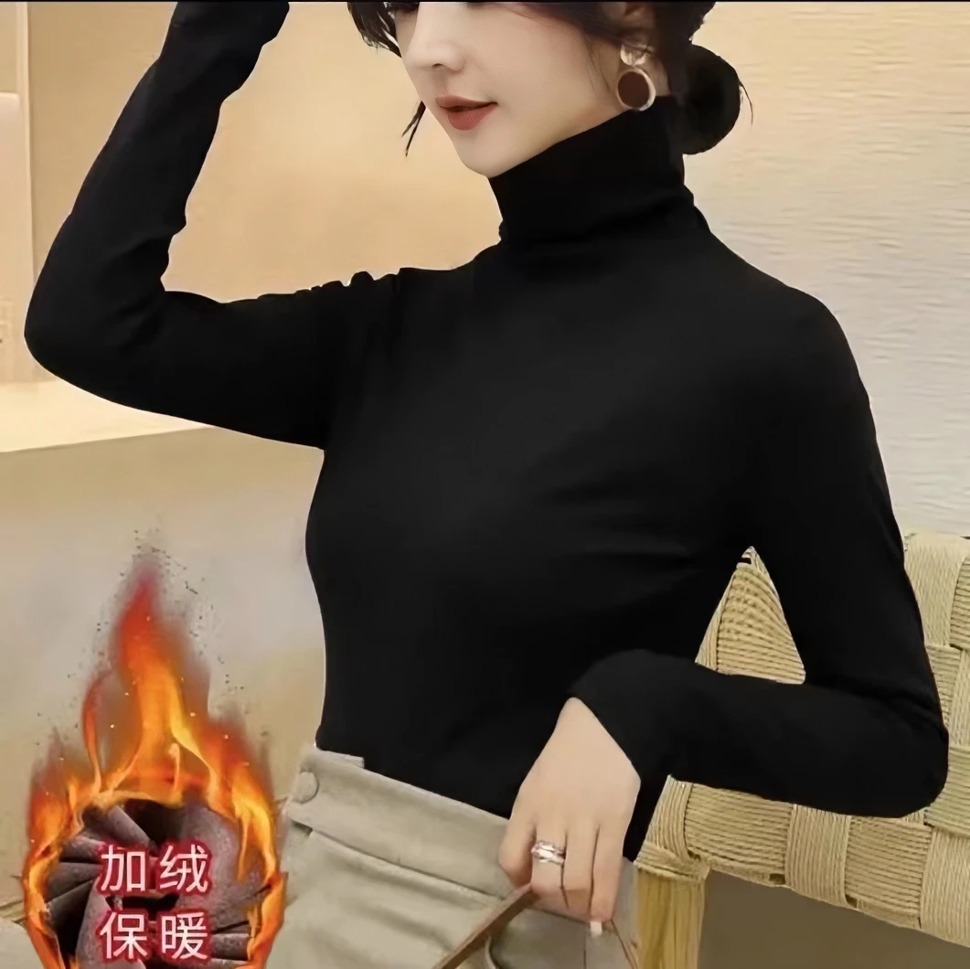 [加绒加厚螺纹棉]堆堆领打底衫秋冬保暖弹力百搭冬季打底女上衣