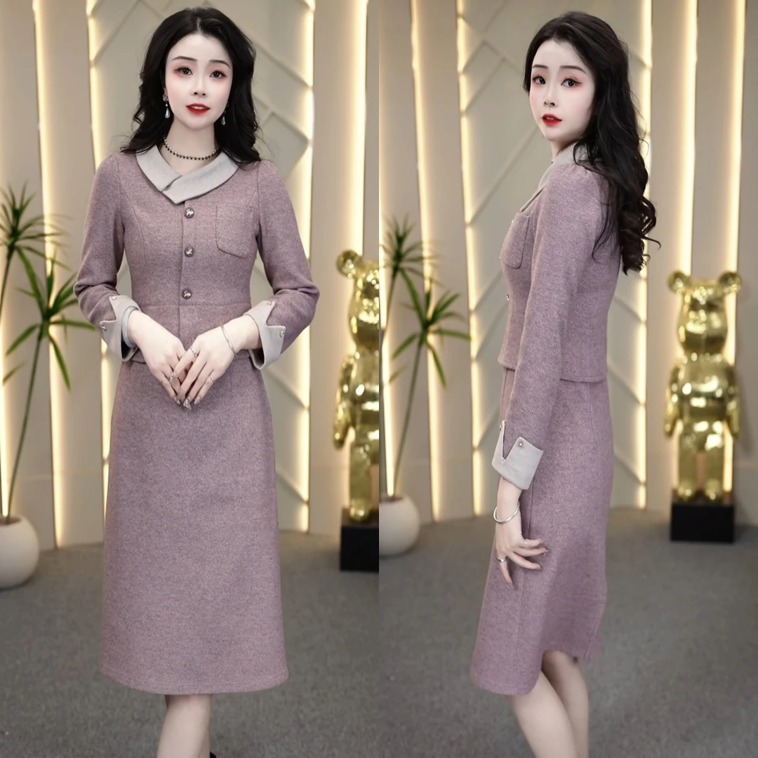 2024冬季时尚气质名媛风加厚假两件连衣裙时尚修身显瘦气质女装