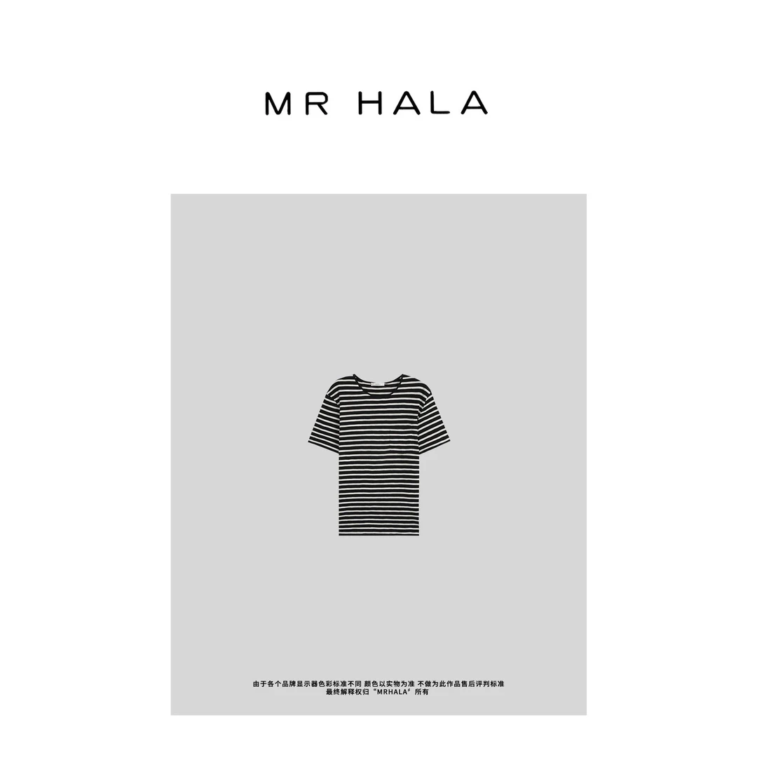 MRHALA条纹重磅洗水棉纱圆领细边口袋T恤女 GT39010