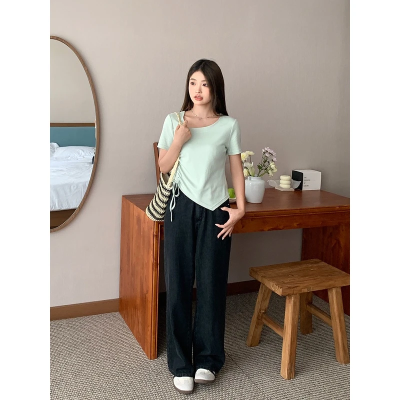 H2T0010何小七 大码女装抽绳不对称短袖T恤女微胖mm显瘦上衣小衫