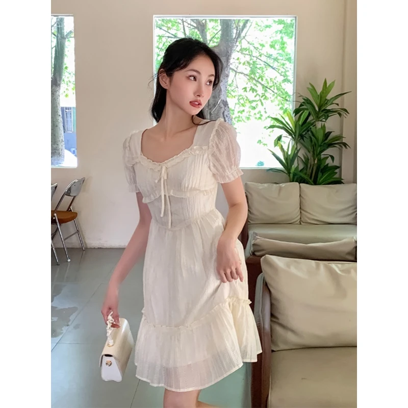 H2Q0120何小七连衣裙2023夏新款胖mm法式方领遮肚甜美短裙