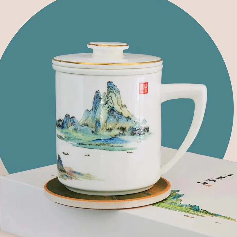 唐惠千里江山直身茶漏杯礼盒装骨瓷杯大容量喝水国潮高档创意杯子