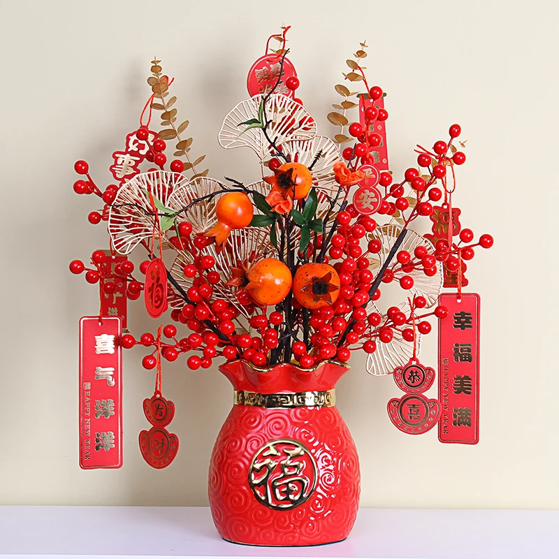 陶瓷大福袋红果发财果仿真花假花石榴果客厅摆件乔迁结婚开业装饰
