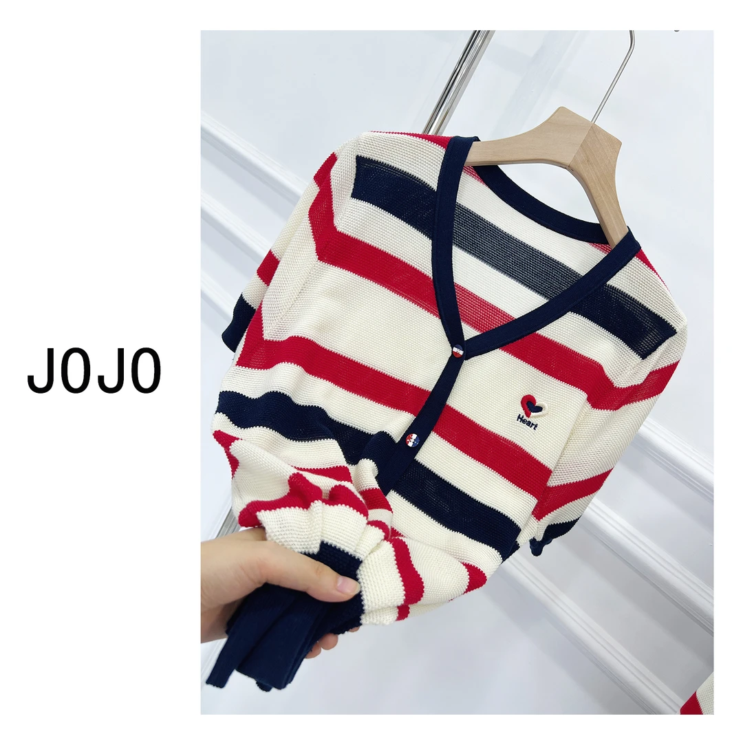 夏季风过身凉爱心条纹女撞色显瘦短款针织时尚百搭休闲套头C26