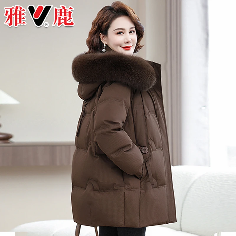 雅鹿中年妈妈羽绒服女中长款时尚洋气加厚中老年高贵宽松冬装外套